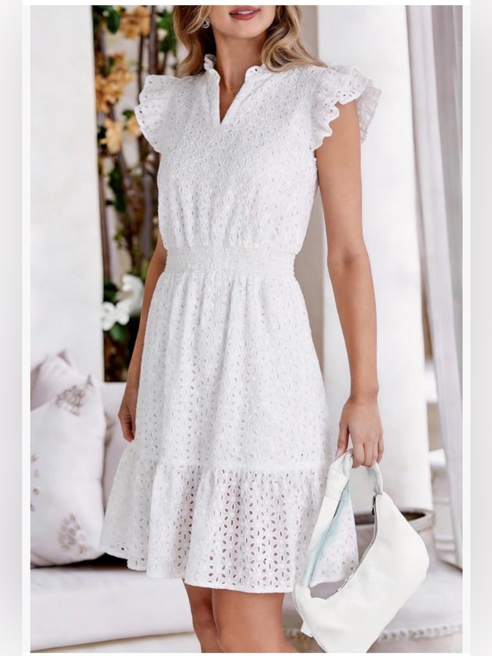 White Eyelet Ruffle Sleeve Mini Dress